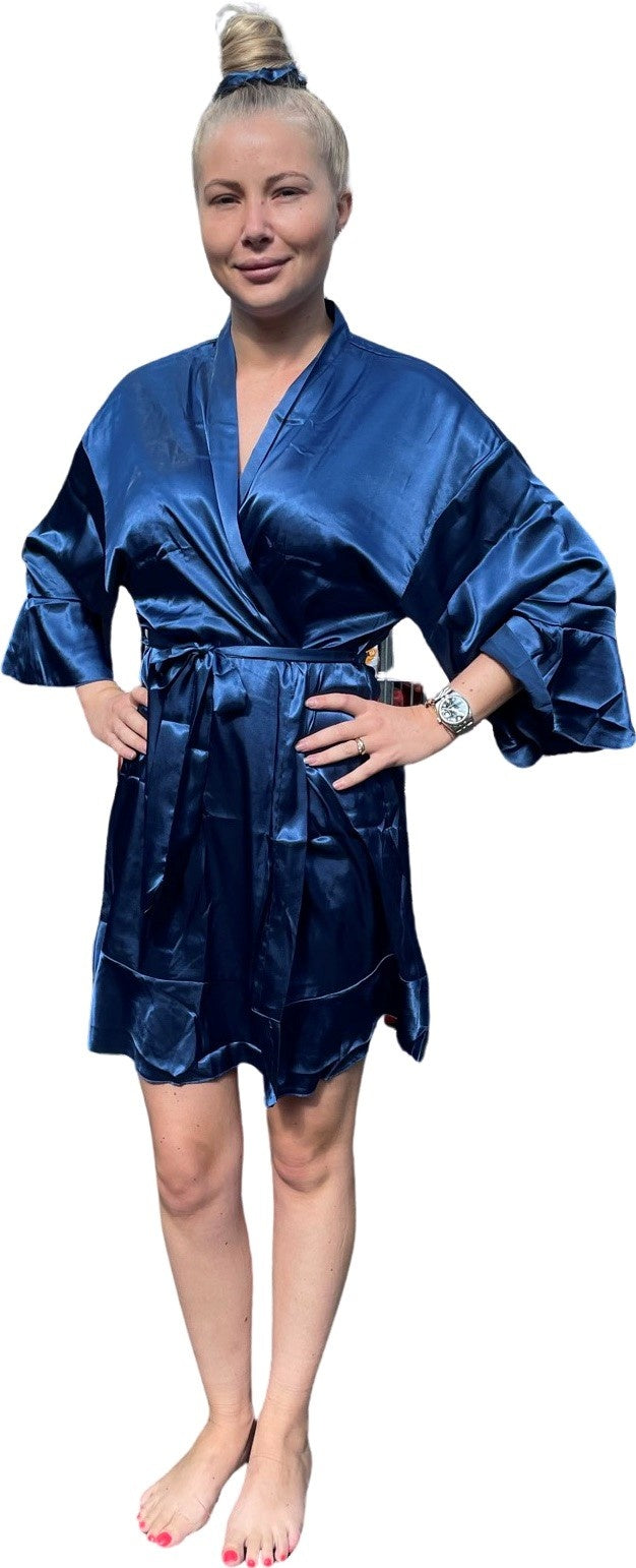 badjas satijn kort met ruffles - blauw
