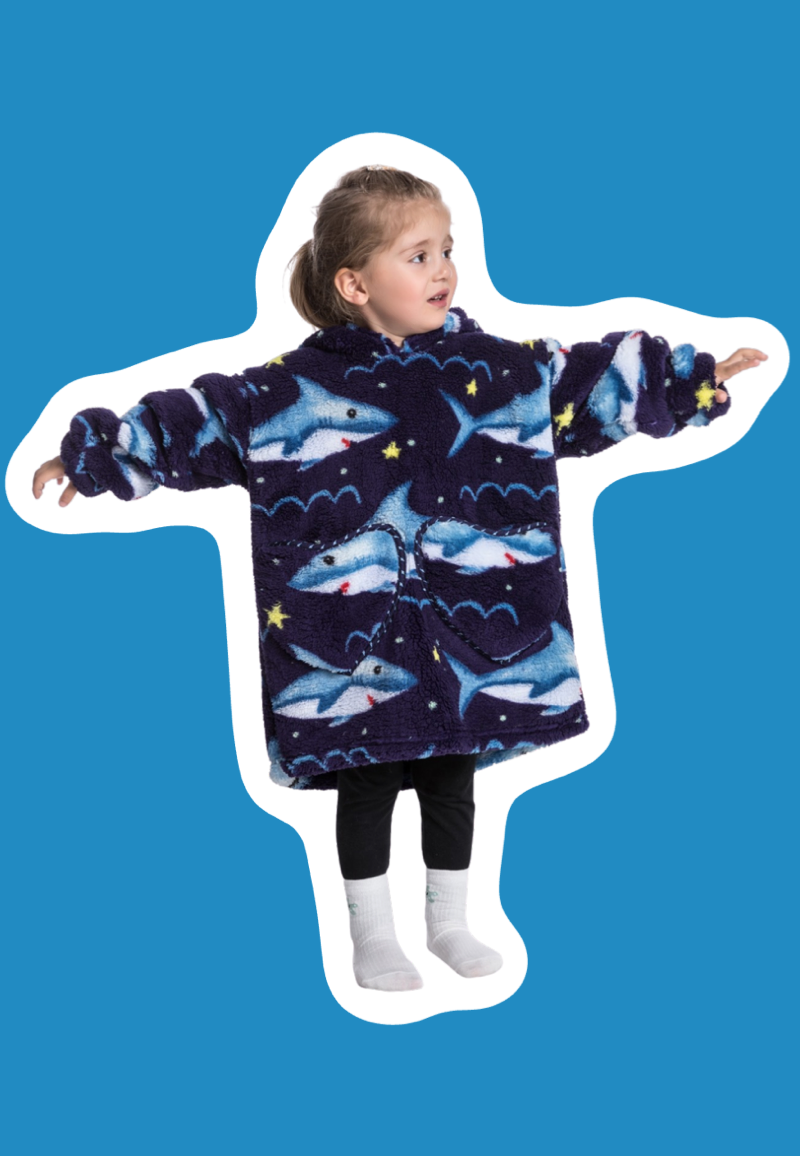 Kinder fleece deken met capuchon - haaien