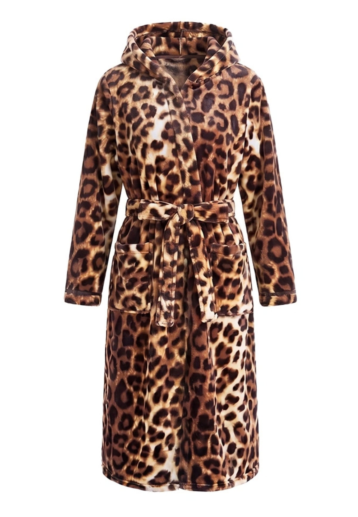Charlie Choe dames fleece badjas met panterprint, capuchon en bindceintuur
