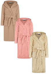 Charlie Choe teddy fleece damesbadjas met capuchon in taupe, roze en crème beige