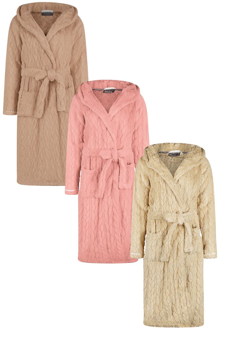 Charlie Choe teddy fleece damesbadjas met capuchon in taupe, roze en crème beige