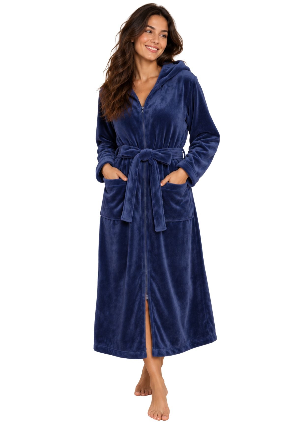 Extra lange indigo blauwe damesbadjas van fleece met vastgestikt ceintuur