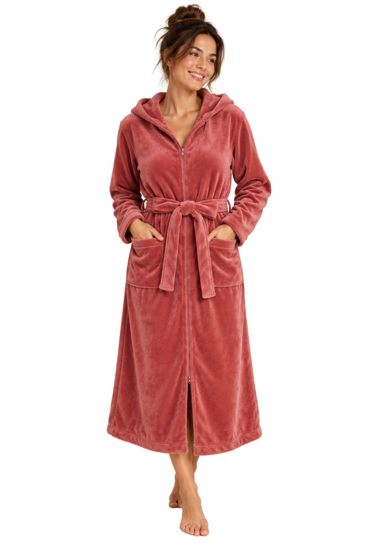 Koperen fleece damesbadjas van Charlie Choe met capuchon en rits