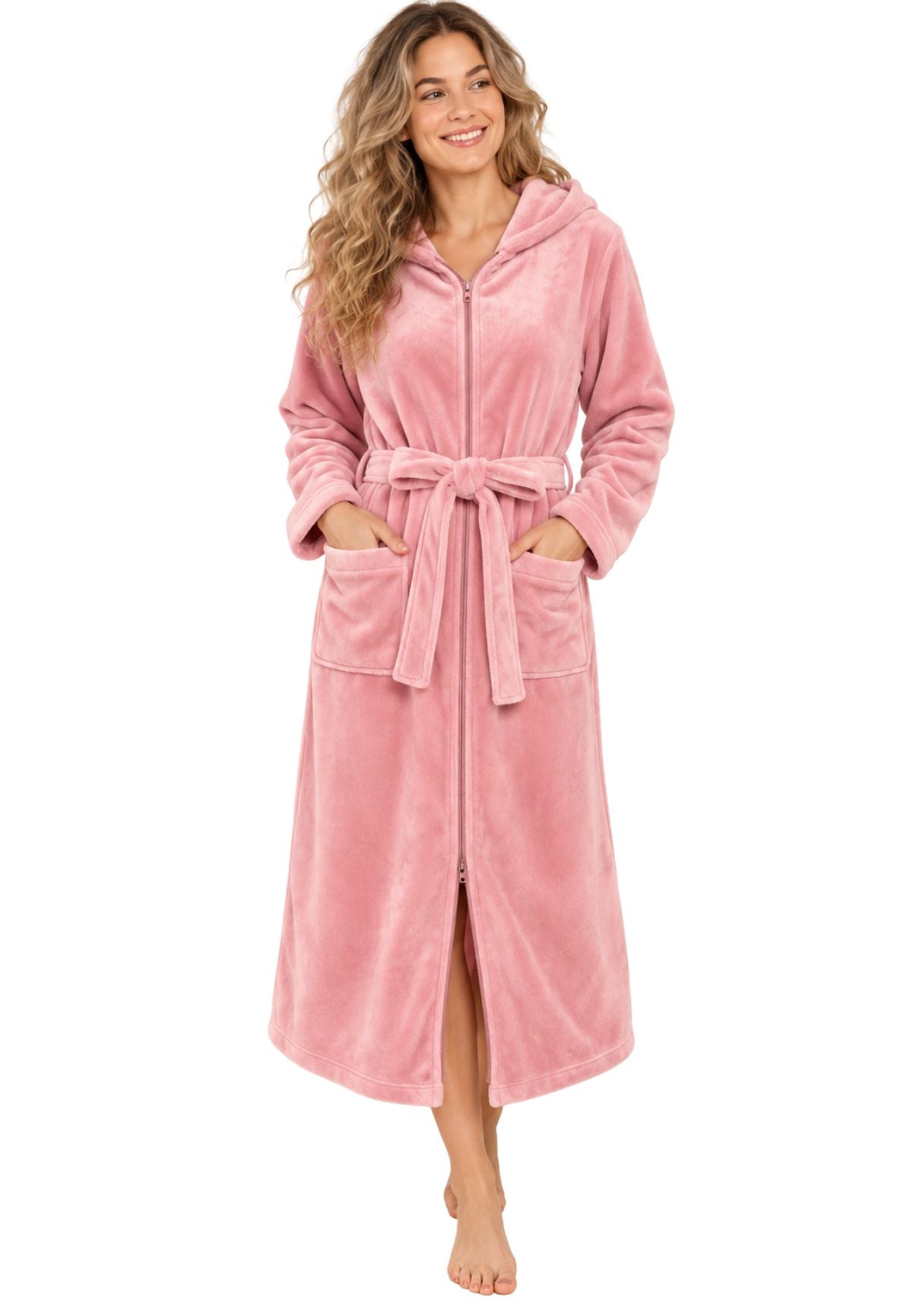 Extra lange roze fleece damesbadjas met capuchon, tweewegrits en twee zakken