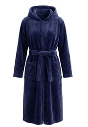 Extra lange indigo blauwe fleece damesbadjas met capuchon en rits