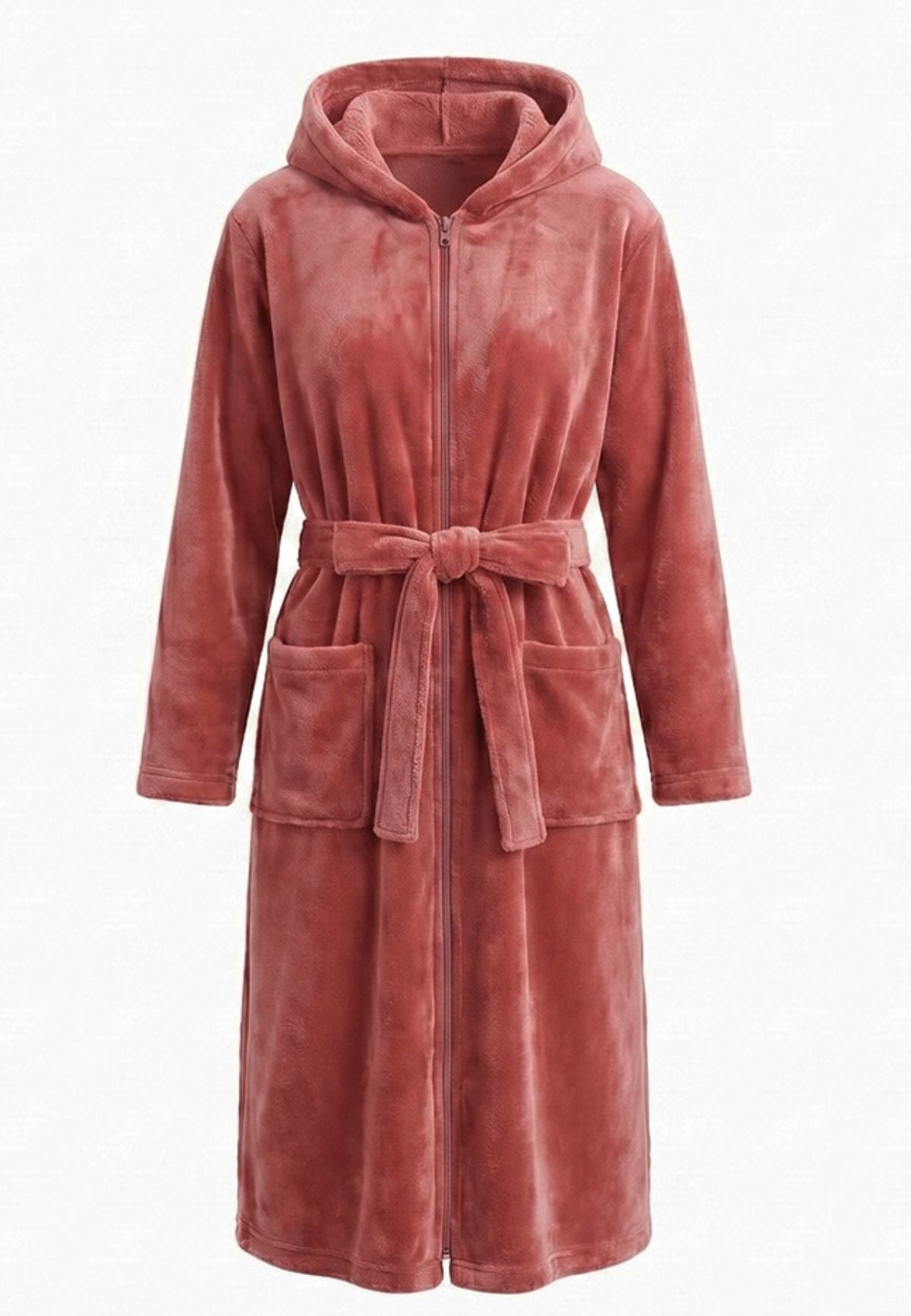 Koperen extra lange fleece damesbadjas met capuchon en rits