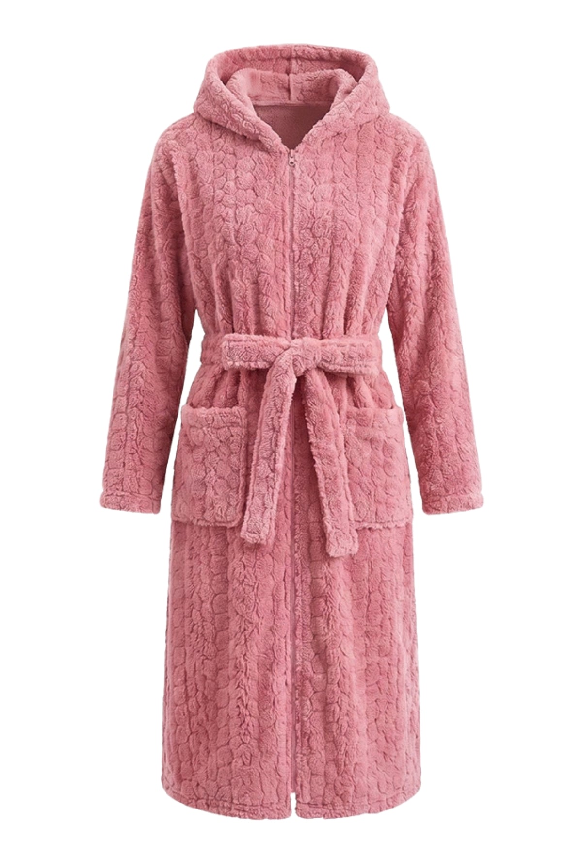 Roze extra lange teddy fleece damesbadjas met capuchon en rits