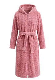 Roze extra lange teddy fleece damesbadjas met capuchon en rits