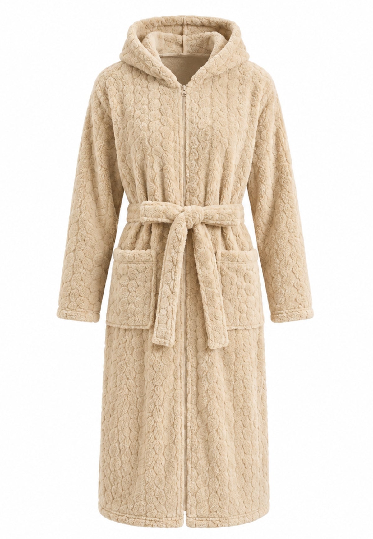 Beige extra lange teddy damesbadjas met capuchon en rits