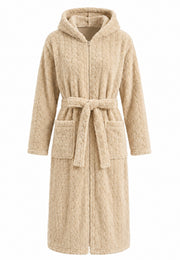Beige extra lange teddy damesbadjas met capuchon en rits
