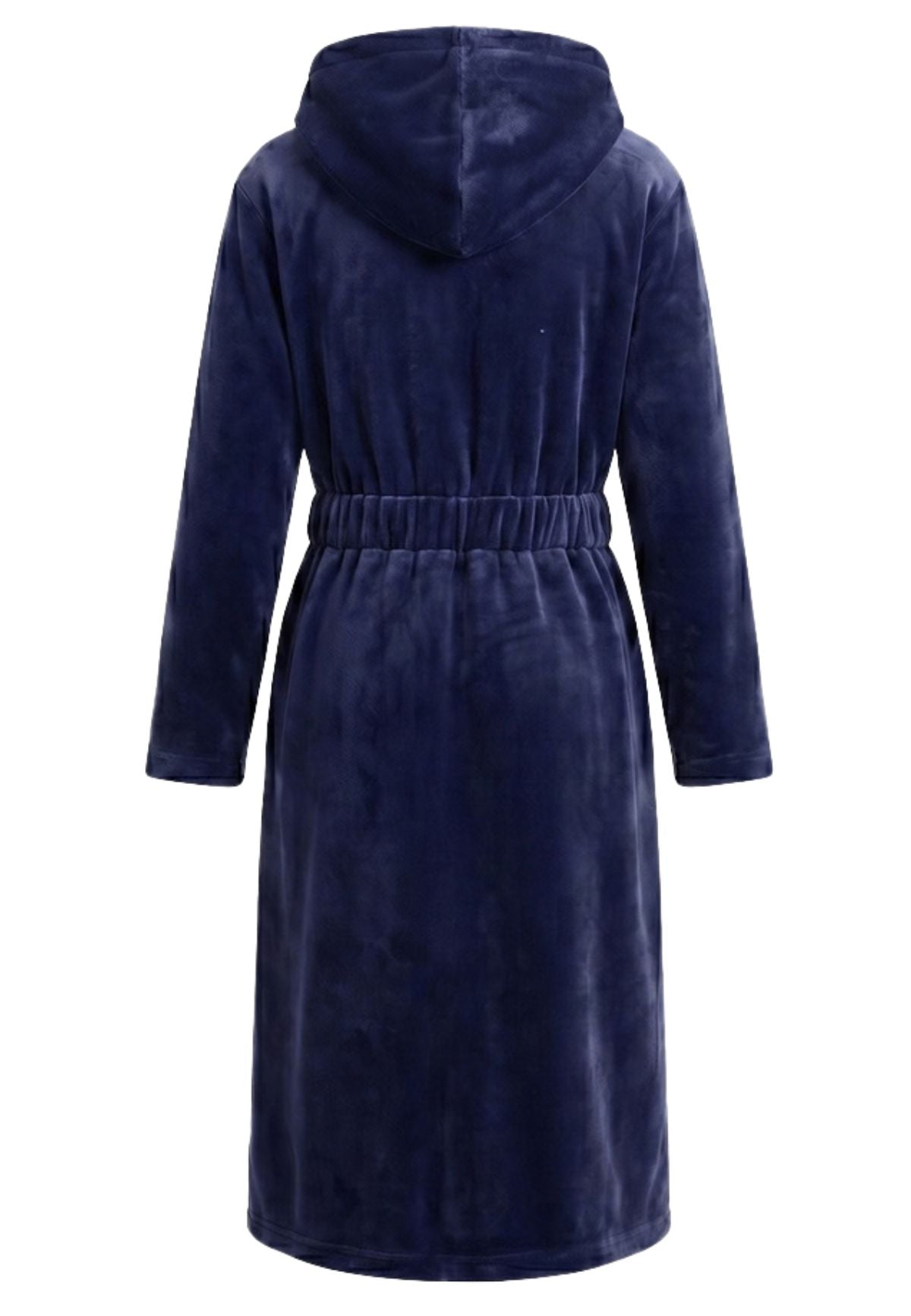 Achterzijde indigo blauwe extra lange fleece damesbadjas van Charlie Choe