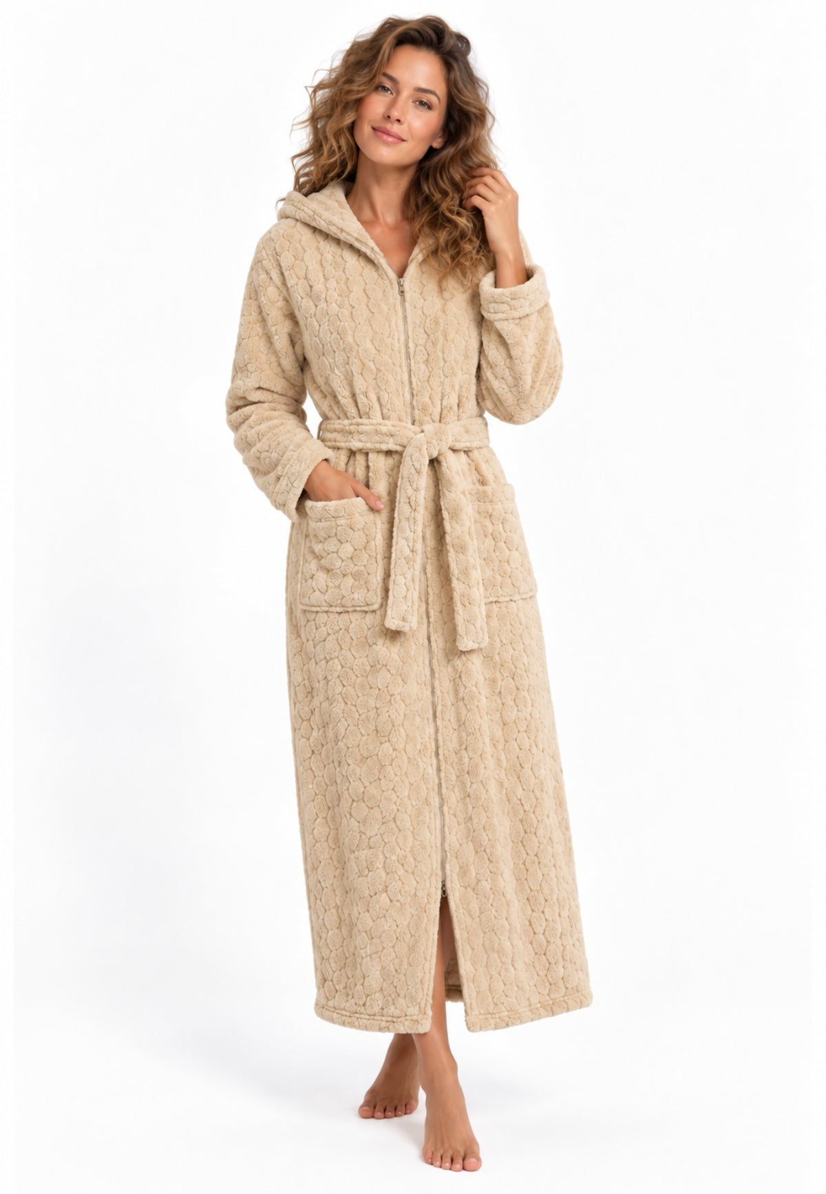 Extra lange beige teddy damesbadjas met reliëf en vastgestikt ceintuur