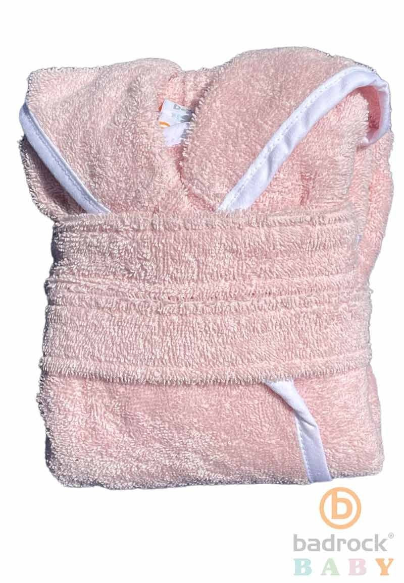 Roze babybadjas badstof katoen met capuchon - GRATIS slabbetje