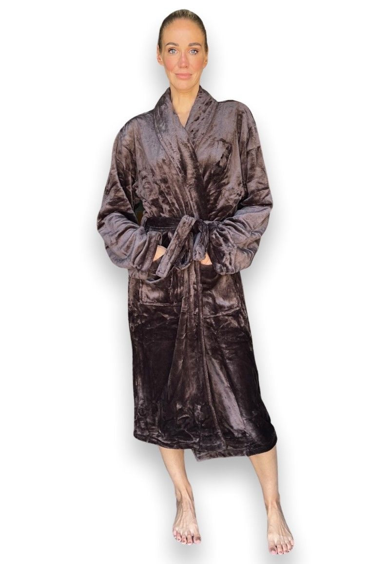 Badjas velvet look chocolade bruin - fleece