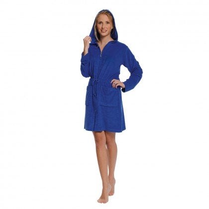 Badjas dames kobaltblauw - met rits en capuchon