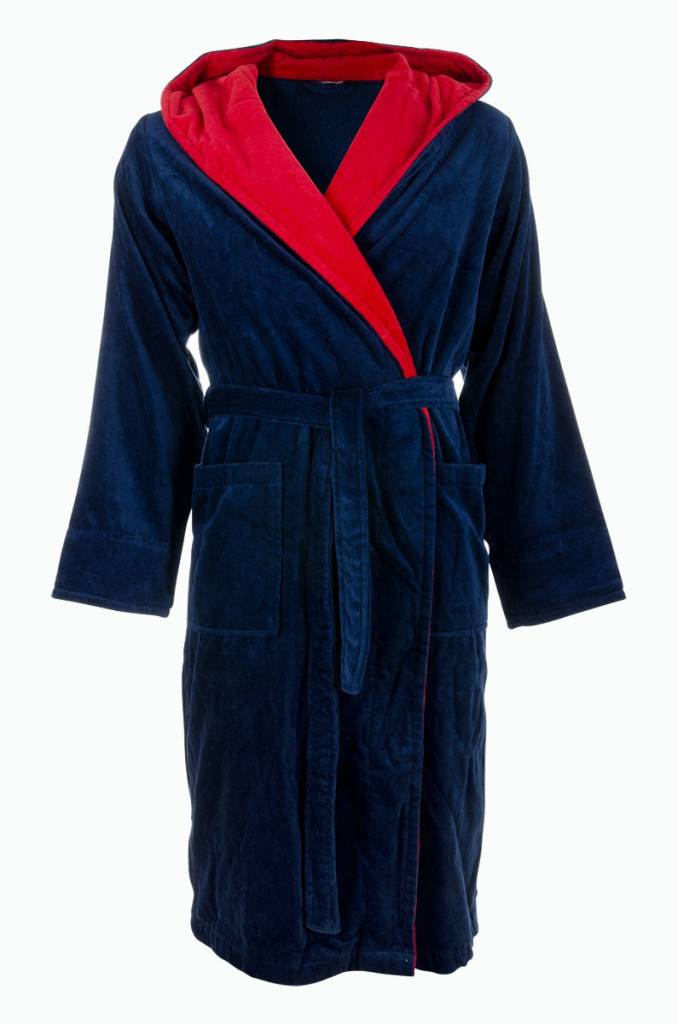 badjas heren marineblauw-rood katoen met capuchon