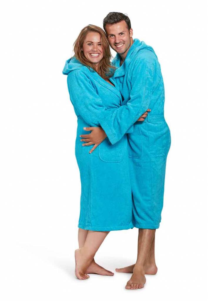 Unisex Badrock badjas aquablauw met capuchon – badstof sauna badjas