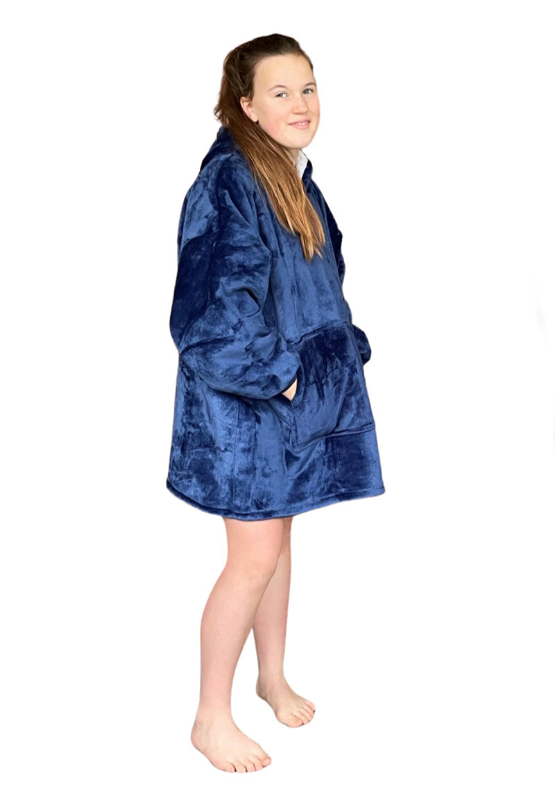 Fleece deken met mouwen & capuchon - kind - blauw