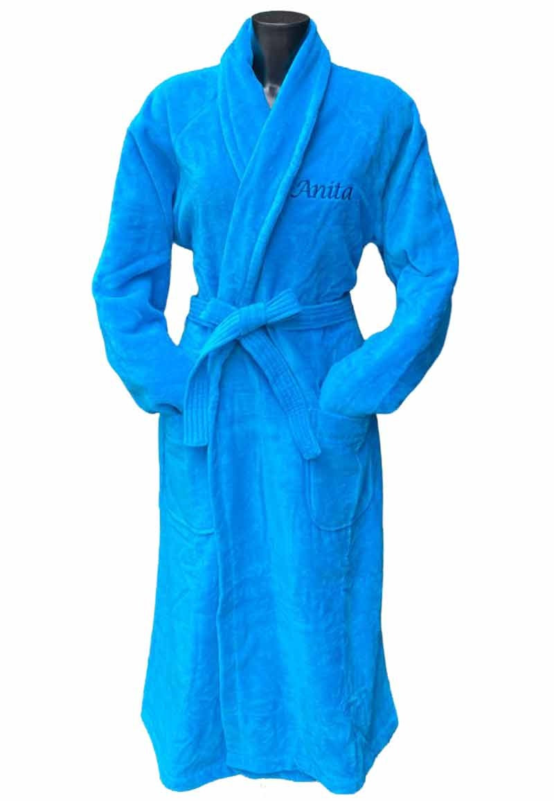 Aqua blauwe badjas unisex met naam borduren