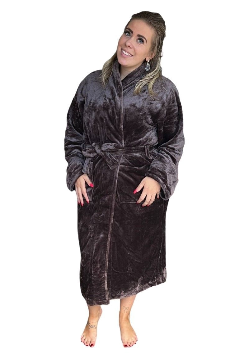 Badjas velvet look chocolade bruin - fleece