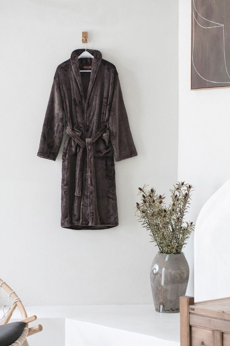 Badjas velvet look chocolade bruin - fleece