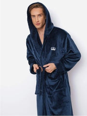Capuchon badjas heren blauw met kroonborduring borst - fleece