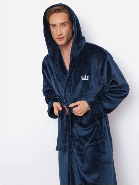 Capuchon badjas heren blauw met kroonborduring borst - fleece