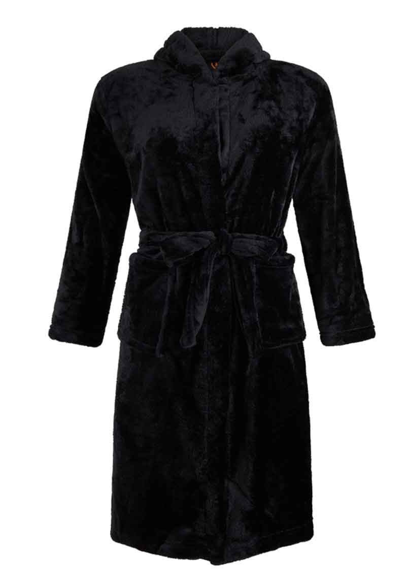 Zwarte fleece tienerbadjas met naam borduren