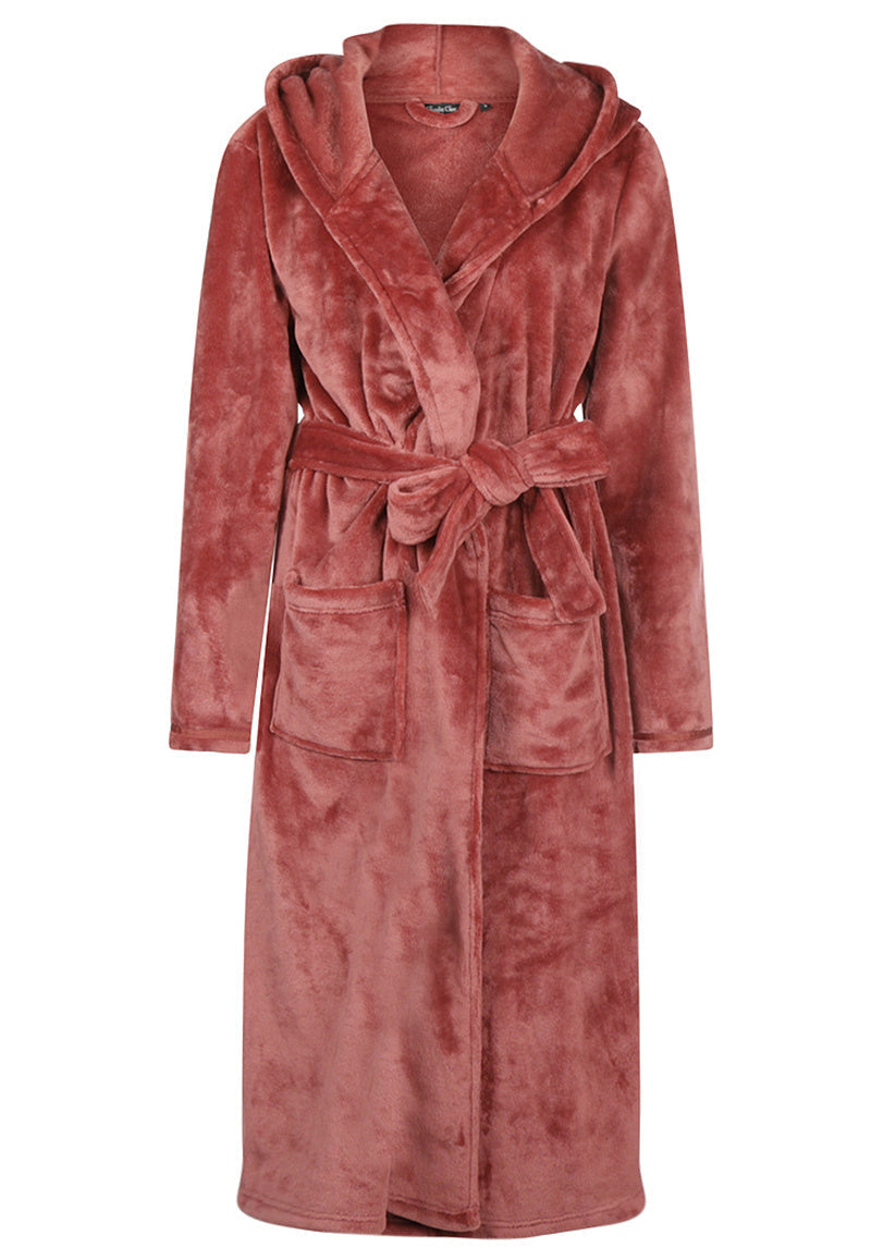Charlie Choe fleece dames badjas koper met capuchon - lang model