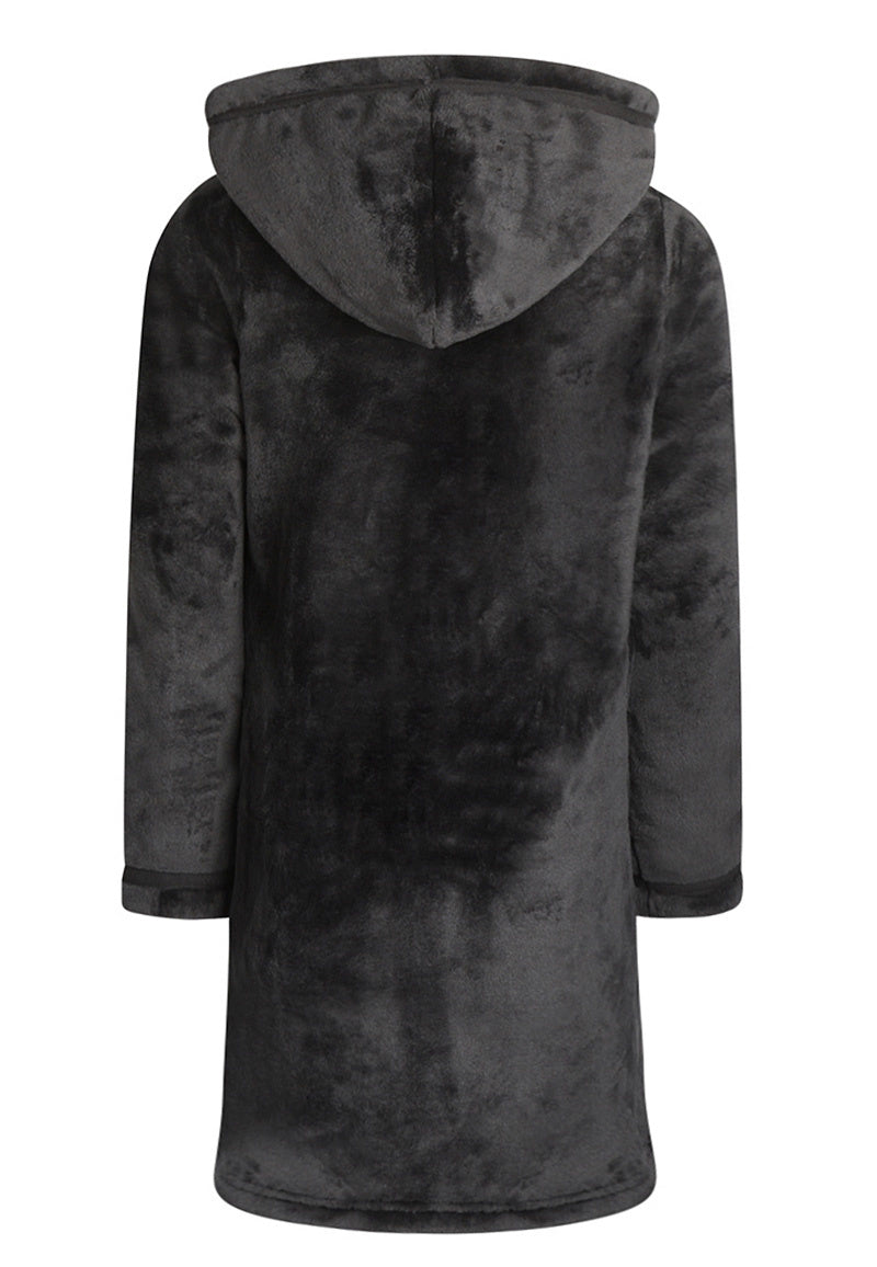 Charlie Choe zwarte/donkergrijs kinderbadjas met rits en capuchon - zacht fleece