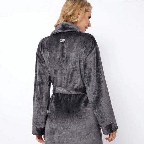 Korte damesbadjas grijs fleece - met kleine kroon borduring