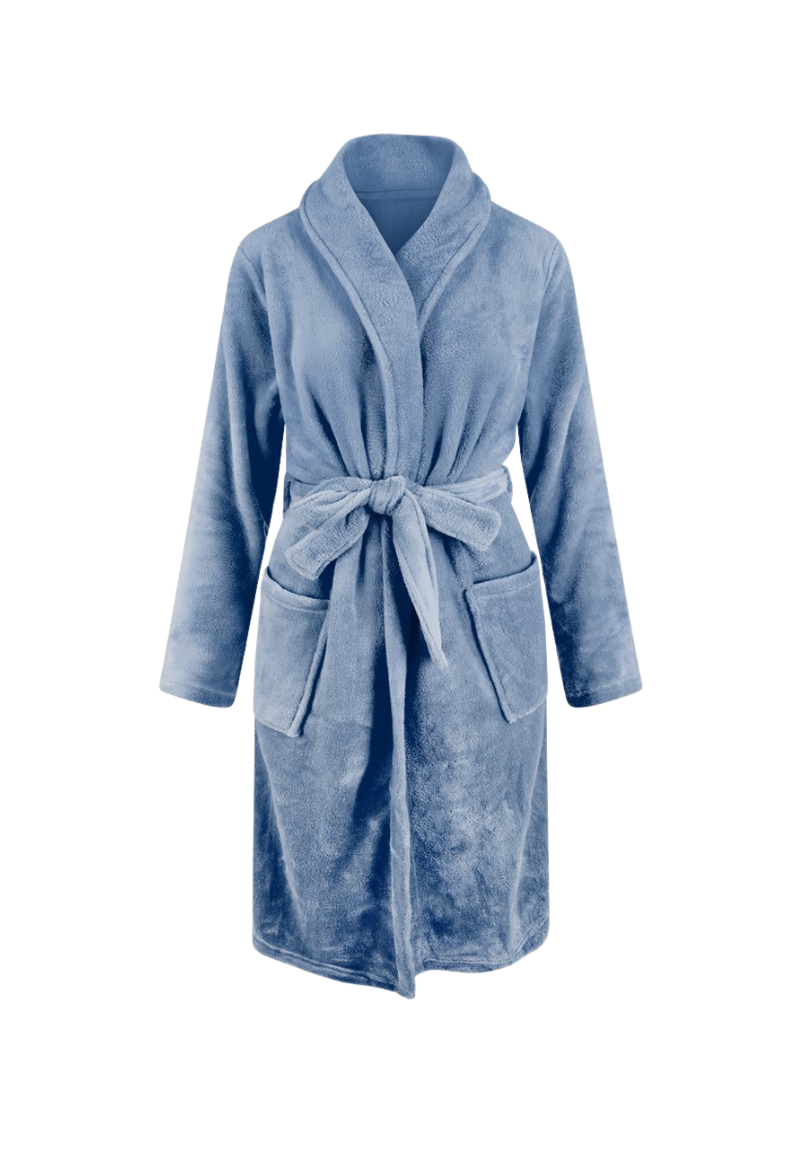 Denimblauwe unisex fleecebadjas met naam borduren