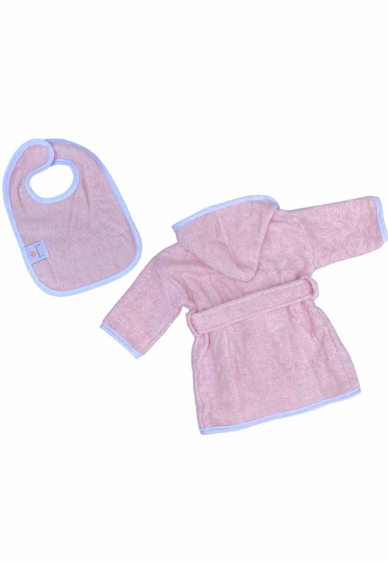 Roze babybadjas badstof katoen met capuchon - GRATIS slabbetje