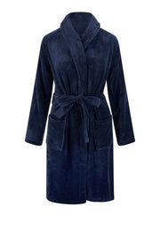 Marine blauwe unisex fleecebadjas met naam borduren