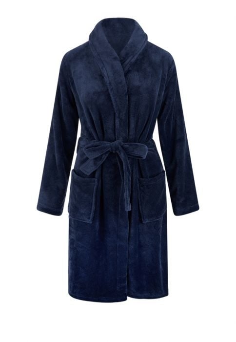 Marine blauwe unisex fleecebadjas met naam borduren