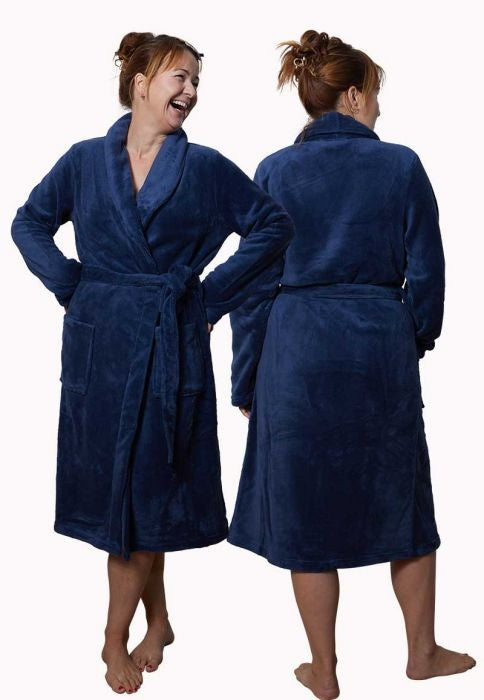 Marine blauwe unisex fleecebadjas met naam borduren