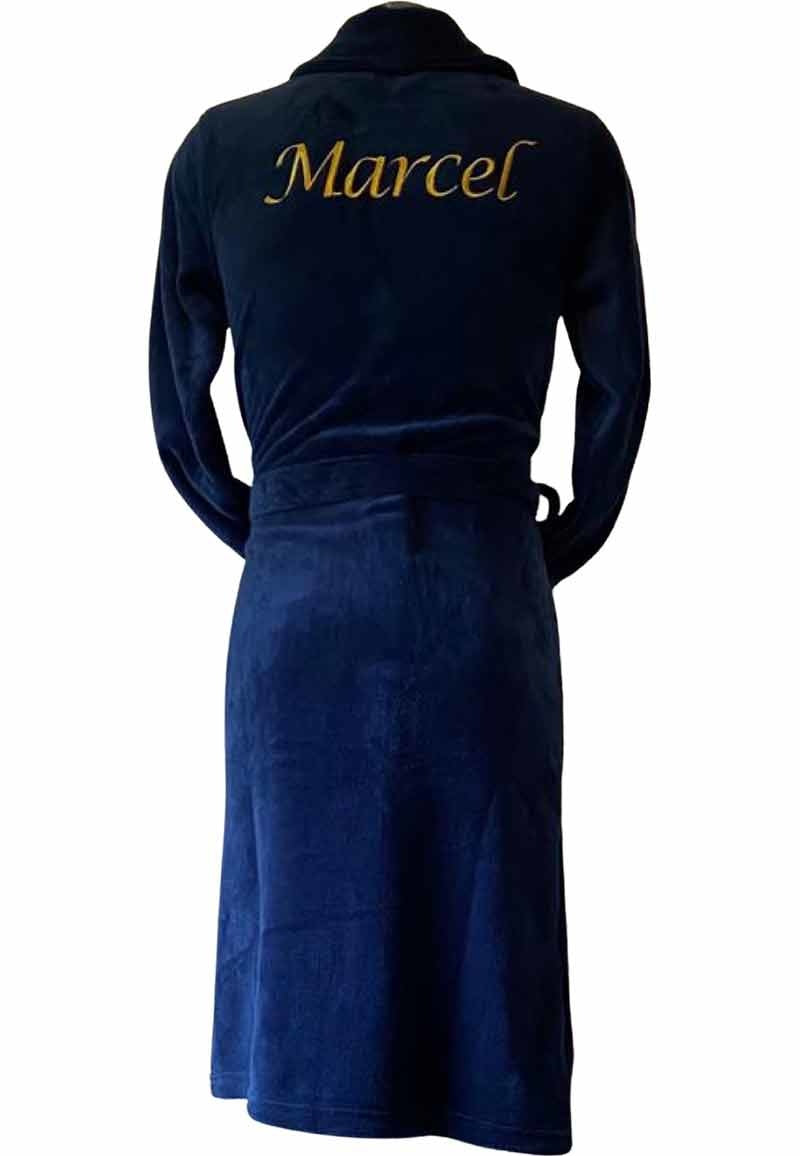 Marine blauwe unisex fleecebadjas met naam borduren