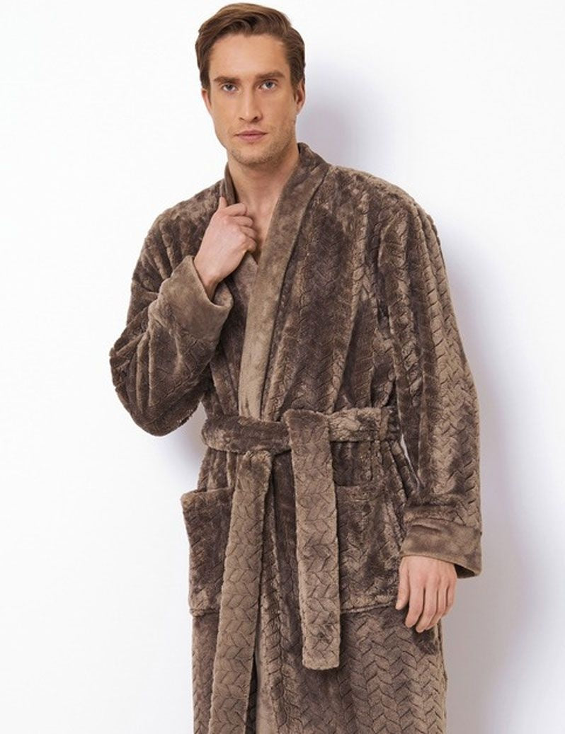 Taupe heren kimono fleece met relief patroon - ext