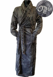 Grijze unisex fleecebadjas met naam borduren - lang model