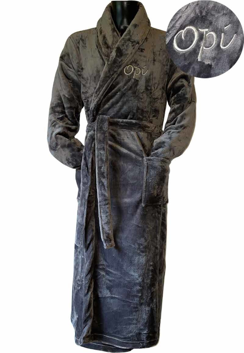 Grijze unisex fleecebadjas met naam borduren - lang model