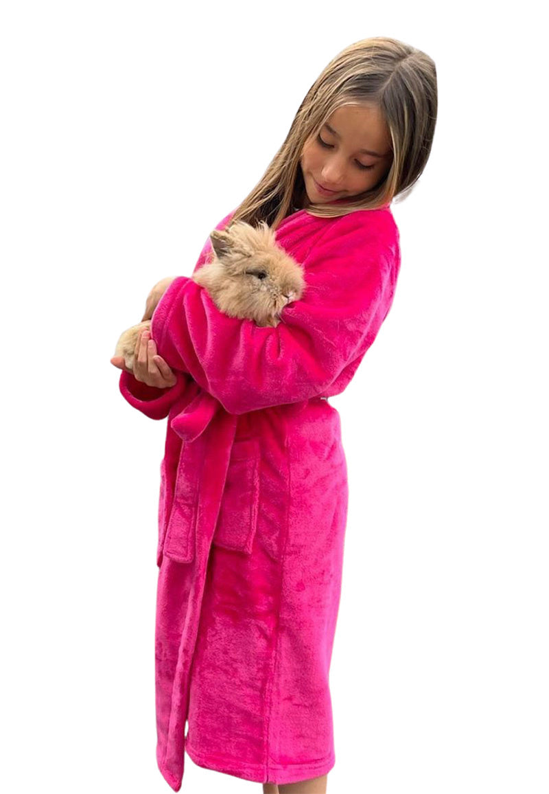Donkerroze unisex fleece kinderbadjas met naam borduren