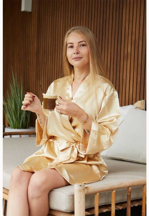 Korte kimonobadjas satijn - champagne