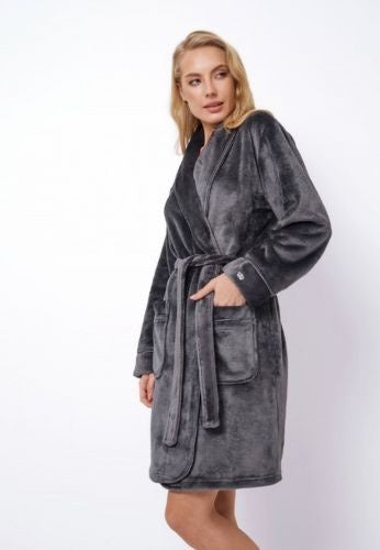 Korte damesbadjas grijs fleece - met kleine kroon borduring