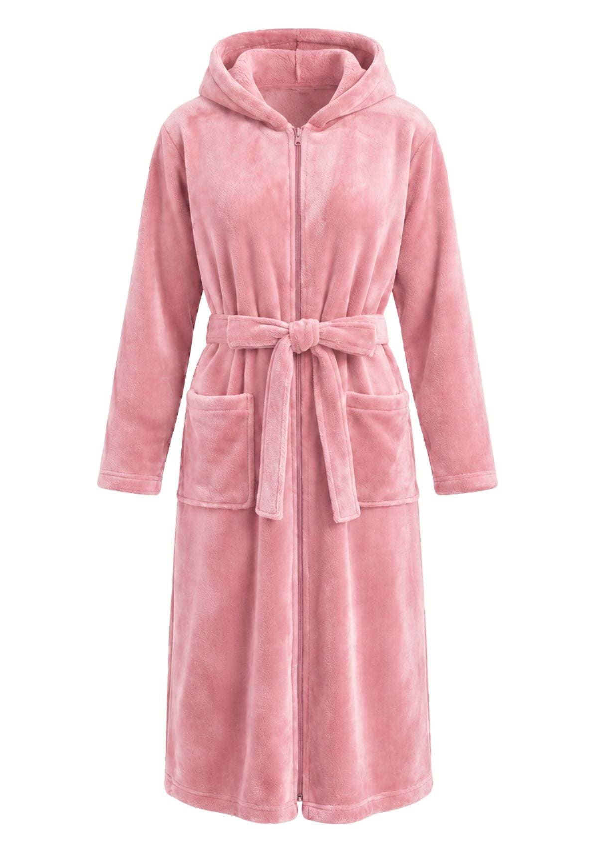 Extra lange roze fleece damesbadjas met capuchon, rits en ceintuur