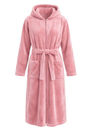 Extra lange roze fleece damesbadjas met capuchon, rits en ceintuur