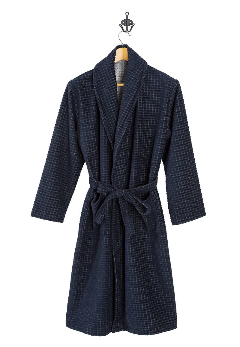 Zachte microvezel herenbadjas blauw - ruitrelief