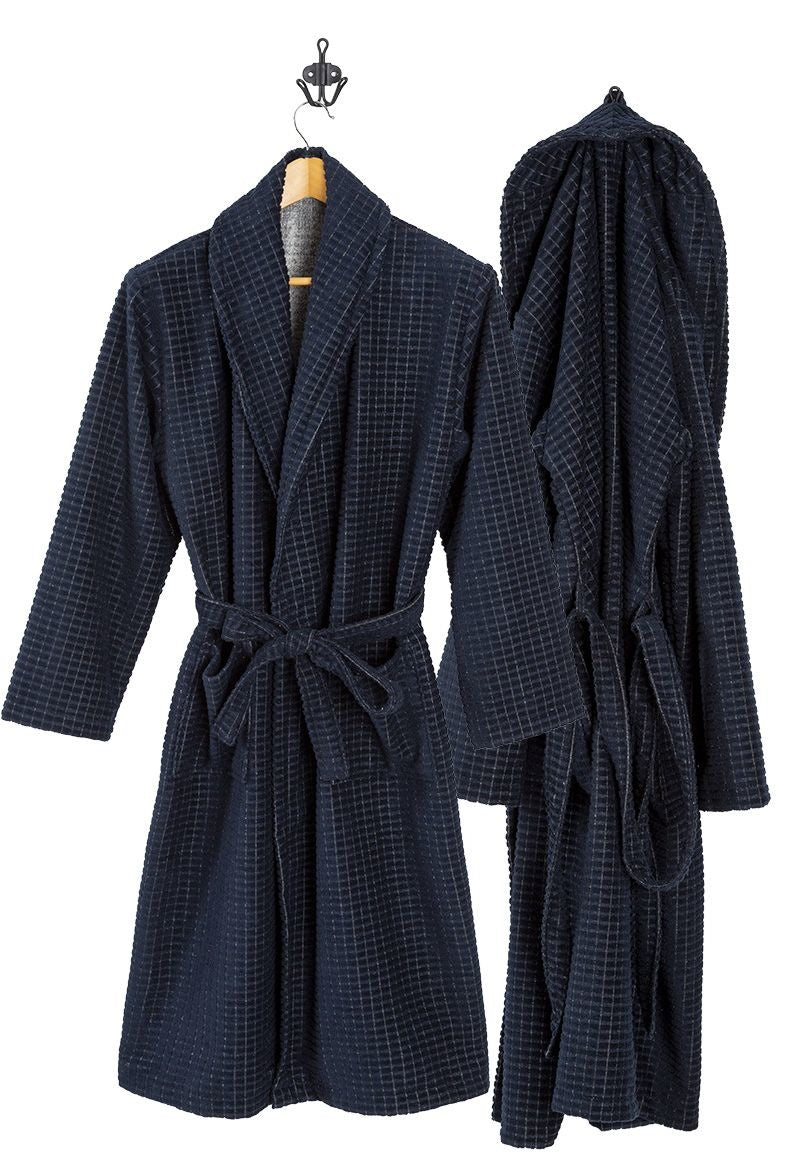 Zachte microvezel herenbadjas blauw - ruitrelief