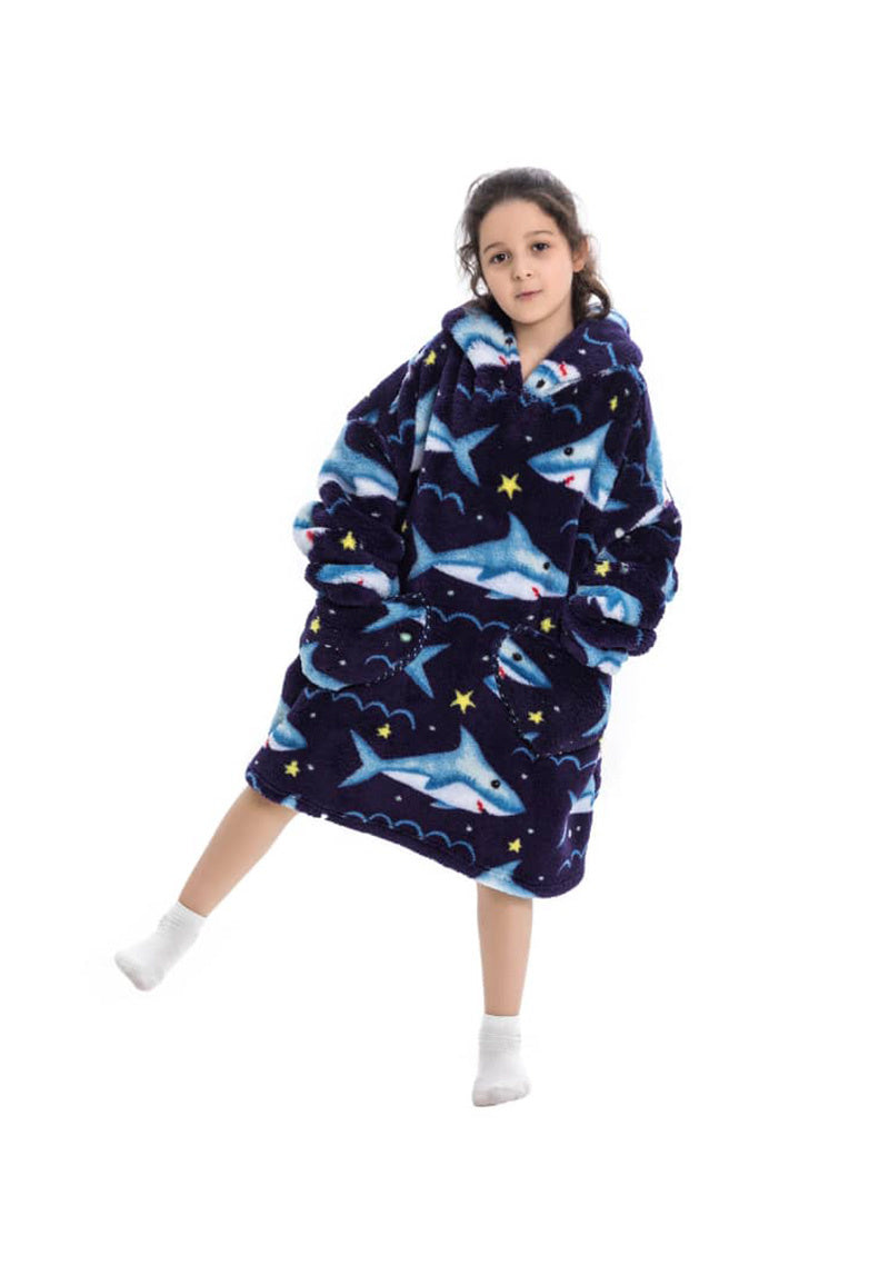 Kinder fleece deken met capuchon - haaien