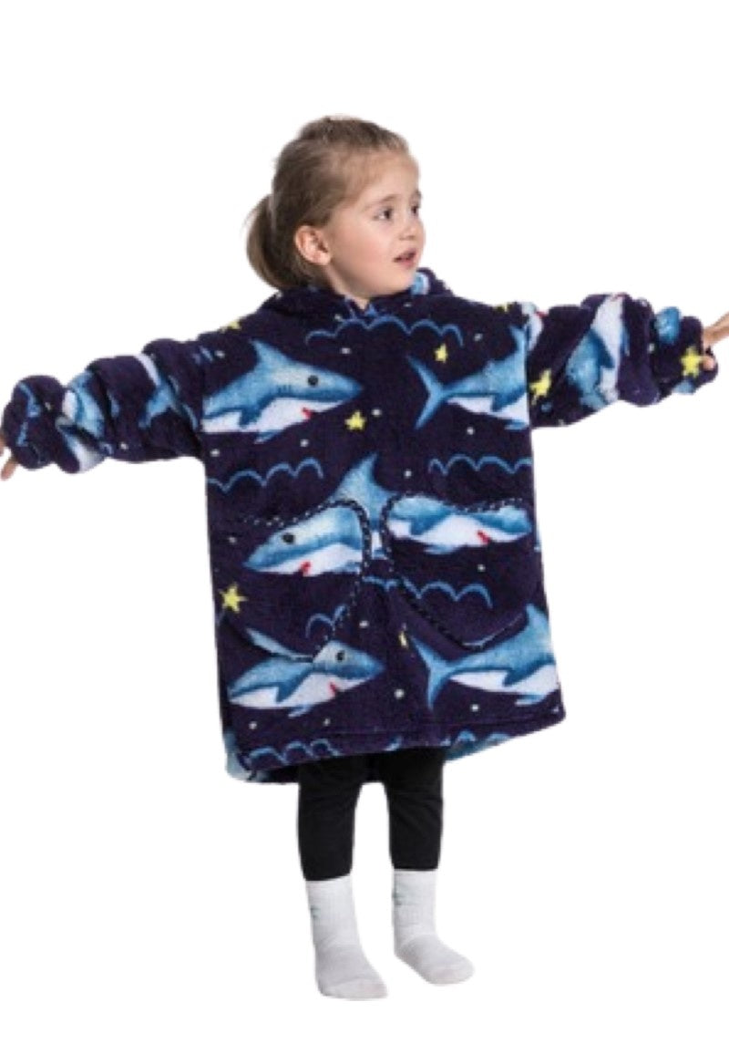 Kinder fleece deken met capuchon - haaien
