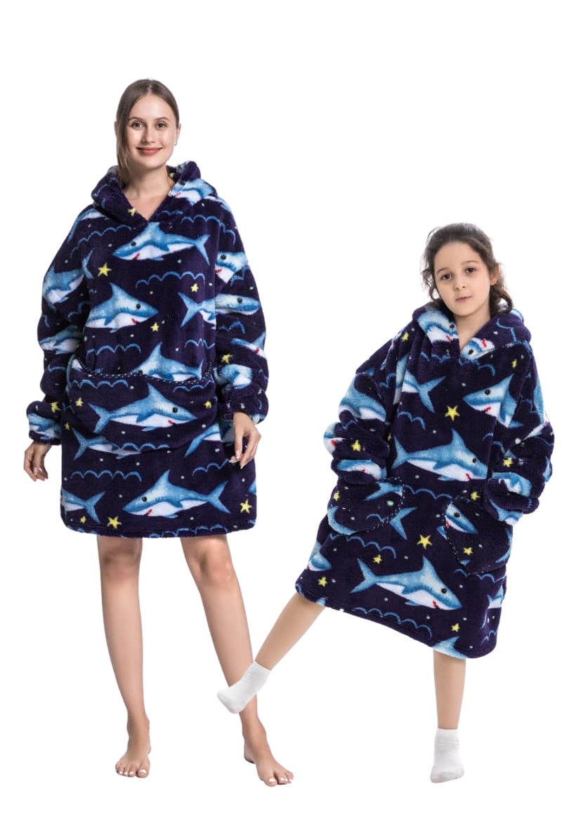 Kinder fleece deken met capuchon - haaien